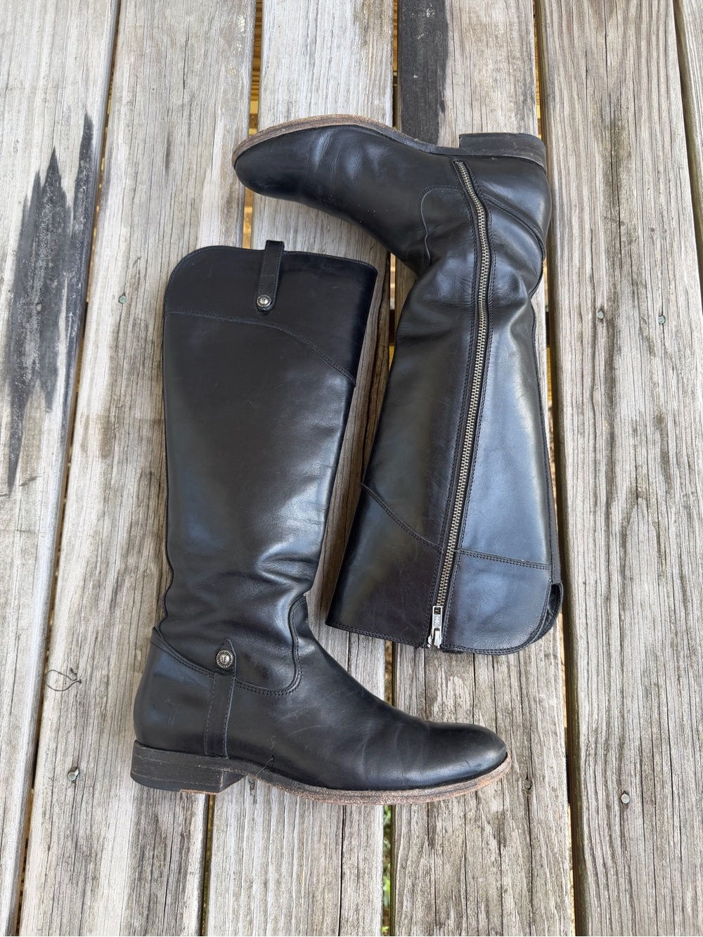 Frye leather tall boots, black, size 9.5.